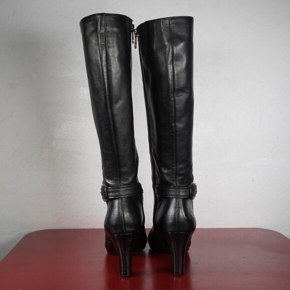 Women's Anne Klein Black Leather Knee High Heel Long Fashion Boots 7 - Picture 8 of 10